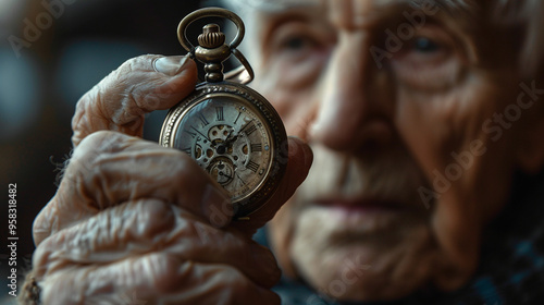 Medium close-up of an elderly man with silver hair, holding a vintage pocket watch, with an air of nostalgia.