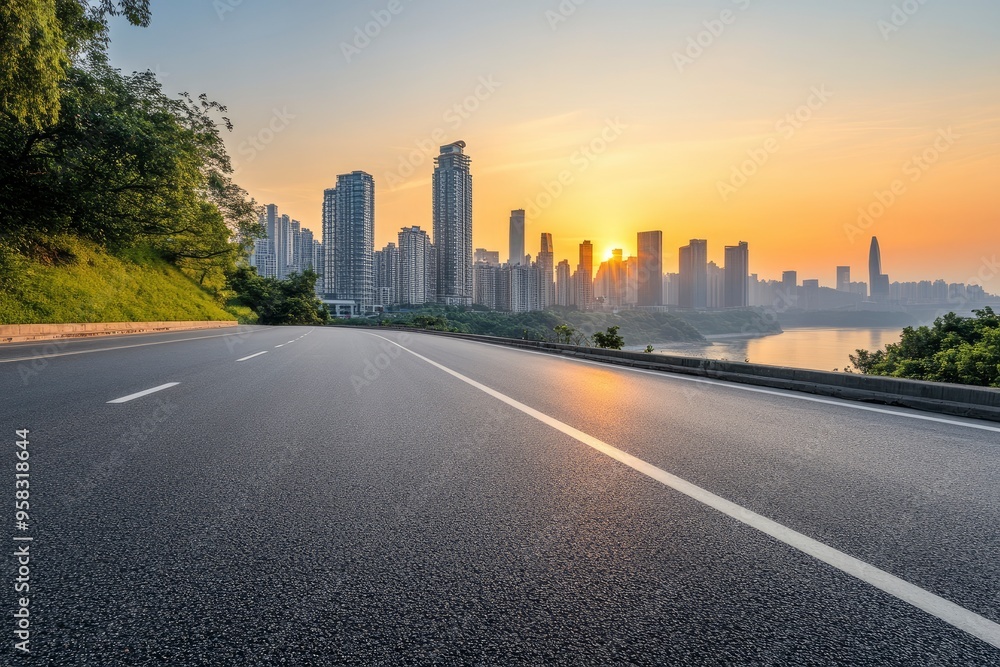 Straight asphalt highway road with modern city buildings at sunrise in Chongqing , ai Straight asphalt highway road with modern city buildings at sunrise in Chongqing , ai