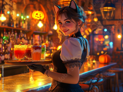 Halloween Themed Bar: Maid Costume Waitress with Cat Ears