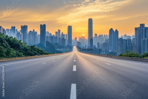 Straight asphalt highway road with modern city buildings at sunrise in Chongqing , ai