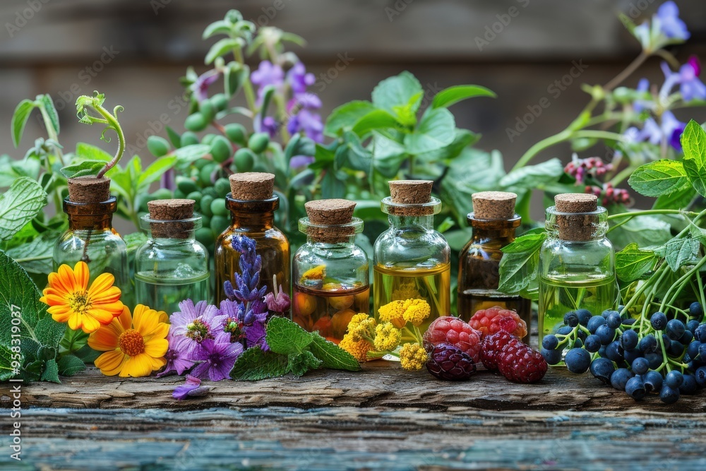 Healing Plants. Bottles of Infusion with Medicinal Herbs and Berries on Wooden Table Healing Plants. Bottles of Infusion with Medicinal Herbs and Berries on Wooden Table