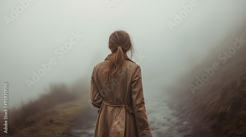 Woman facing away, wearing a flowing trench coat, on a misty mountain path, soft diffused light, ethereal glow around the edges, desaturated tones, contemplative mood