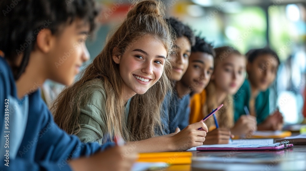 Cheerful children are sitting together at a classroom table Cheerful children are sitting together at a classroom table