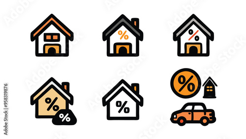 Hand-drawn doodle icons depicting loan interest rates, including houses, a car, and percent signs.