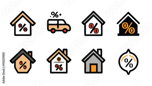 Set of doodle icons representing loan interest rates, including houses, cars, and percentage signs.