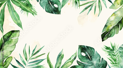 Aesthetic watercolor frame with green tropical leaves, copy space, light background, foliage template. Generative AI