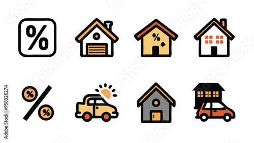 Hand-drawn doodle icons representing loan interest rates, featuring a percent symbol, houses, and cars.