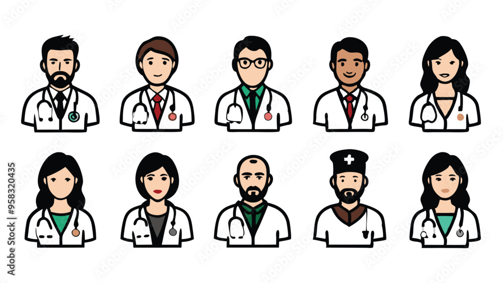 Set of doodle line character illustrations of medical doctors. Set of doodle line character illustrations of medical doctors.