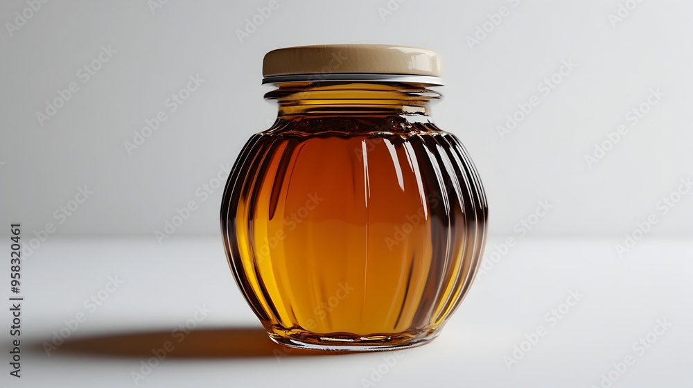 Clear Glass Jar of Organic Honey Against White Background Clear Glass Jar of Organic Honey Against White Background