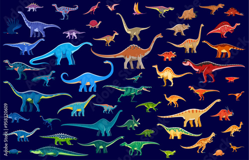 Color prehistoric dinosaurs vector background. Cartoon cute dino animals characters, jurassic dinosaurs and pterosaurs. Funny tyrannosaurus rex, triceratops, brachiosaurus and brontosaurus personages