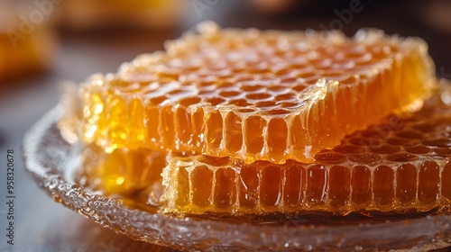 Delicate Honeycomb in Glass Dish with Oozing Honey