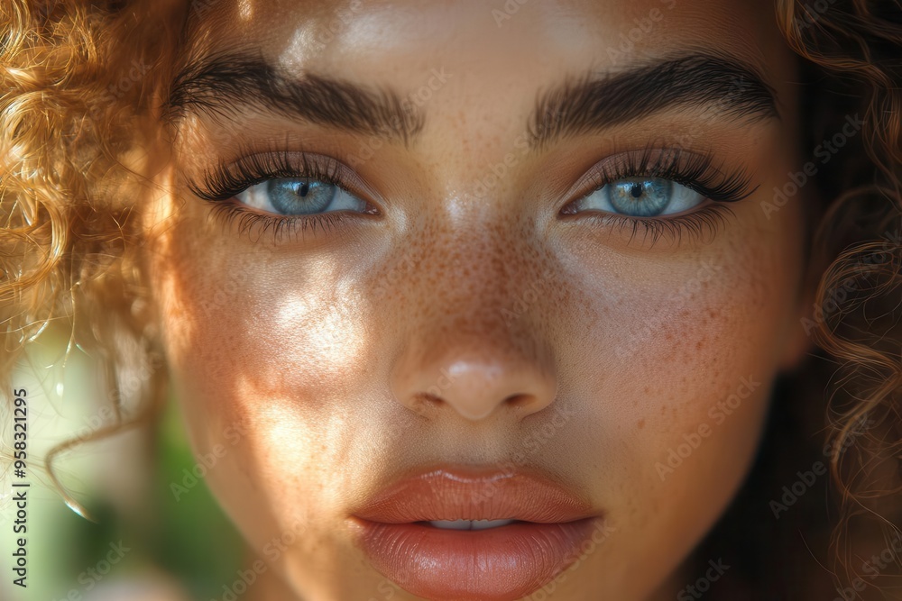 Azure Gaze: Sunlit Freckles and Piercing Eyes in Vibrant Close-Up Portrait Azure Gaze: Sunlit Freckles and Piercing Eyes in Vibrant Close-Up Portrait