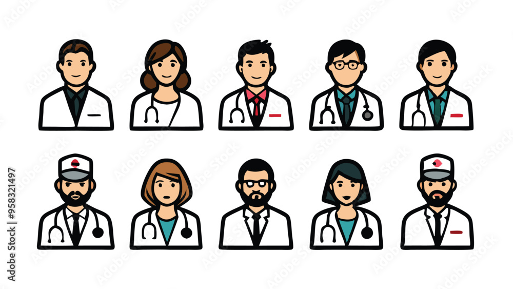 Set of doodle line character icons of medical doctors in various poses, including male and female, with different hairstyles, facial expressions and attire.