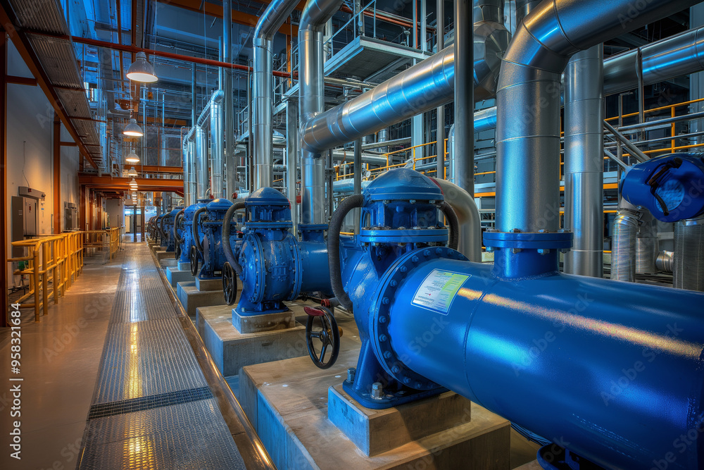 a large boiler room in a factory with pipes, Large industrial water treatment and boiler room. biotechnology, chemistry, ecology, environment, generative ai a large boiler room in a factory with pipes, Large industrial water treatment and boiler room. biotechnology, chemistry, ecology, environment, generative ai