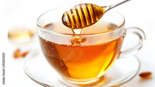 Golden honey being poured into a warm cup of fragrant tea on a white background