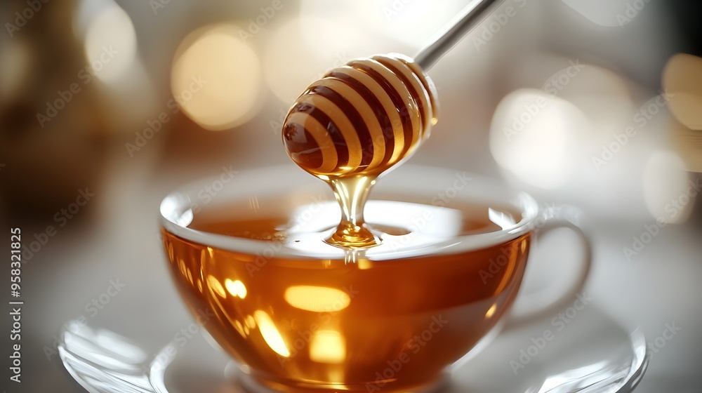 Honey Being Drizzled into a Cup of Hot Tea on a White Background Honey Being Drizzled into a Cup of Hot Tea on a White Background