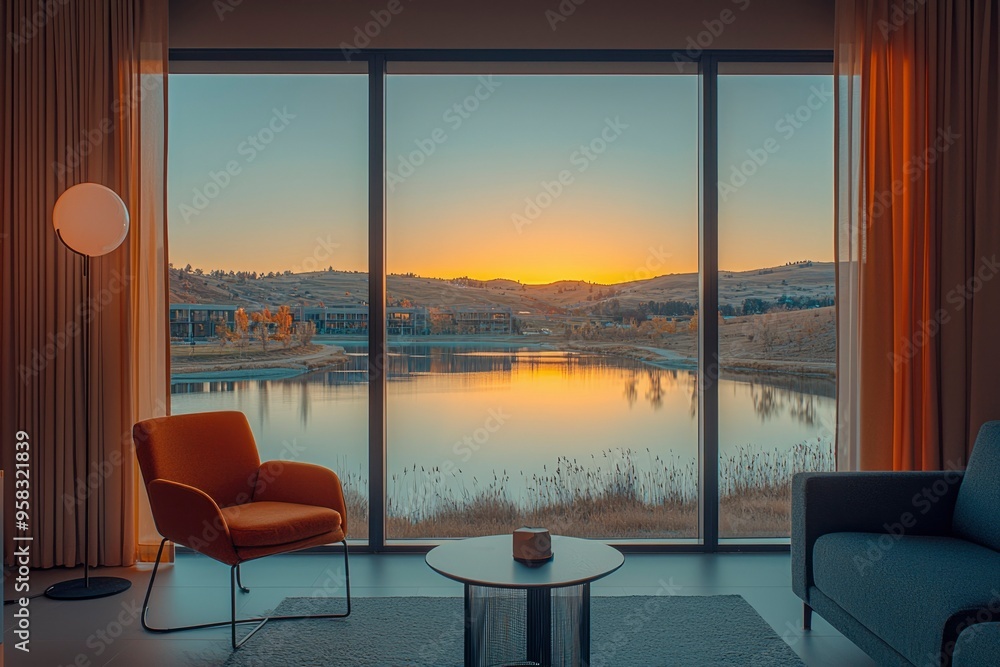 Fototapeta premium Modern Living Room with Lake View at Sunset