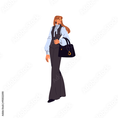 Fashion businesswoman wearing suit with vest. Business woman in formal costume carries bag. Stylish busy lady in trousers looking back on the go. Flat isolated vector illustration on white background