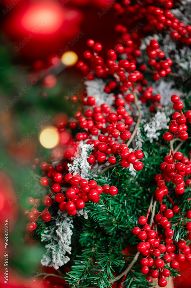 close-up of a Christmas tree with red berries, Christmas decorations close-up of a Christmas tree with red berries, Christmas decorations