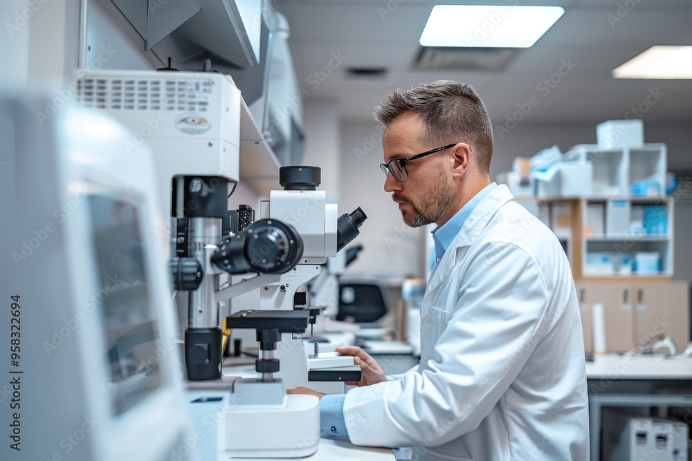 Scientist in a modern laboratory working with a microscope, focused on research and development in scientific and medical fields. Scientist in a modern laboratory working with a microscope, focused on research and development in scientific and medical fields.