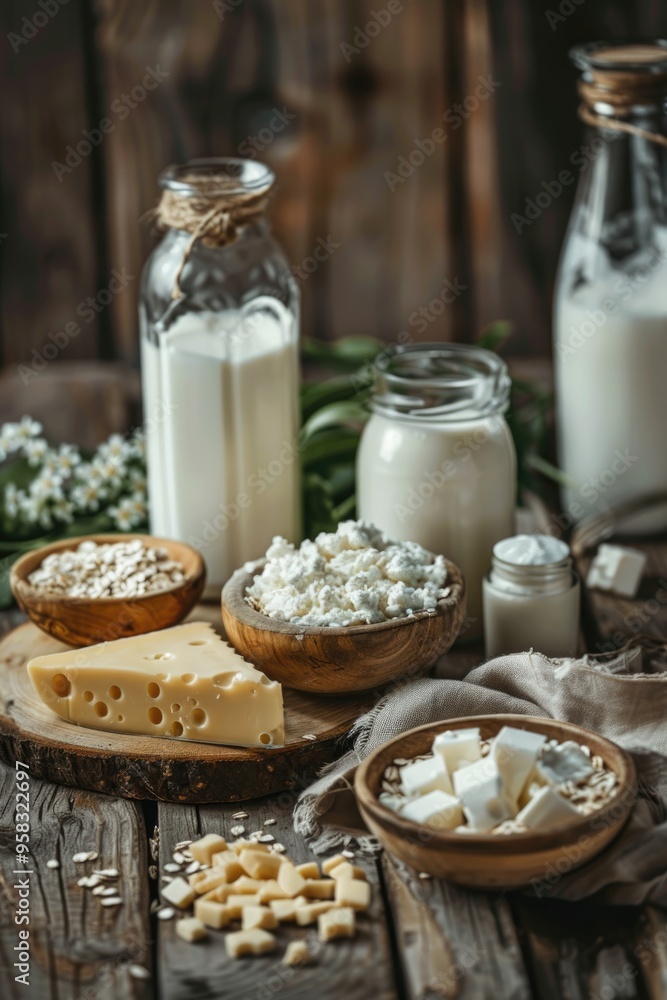 Rustic Dairy Still Life with Fresh Cheese, Milk, and Cottage Cheese in a Cozy Kitchen Rustic Dairy Still Life with Fresh Cheese, Milk, and Cottage Cheese in a Cozy Kitchen