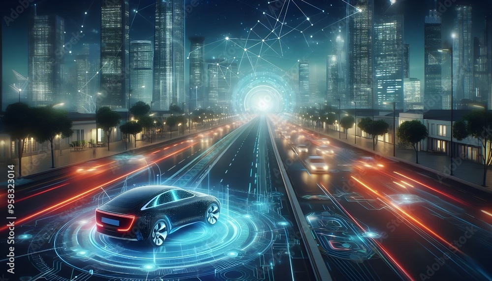 Futuristic Autonomous Car on Smart Road with Advanced Sensing and Communication System, Glowing Nightscape, Self-Driving Vehicle Technology, Driverless Car Network Futuristic Autonomous Car on Smart Road with Advanced Sensing and Communication System, Glowing Nightscape, Self-Driving Vehicle Technology, Driverless Car Network