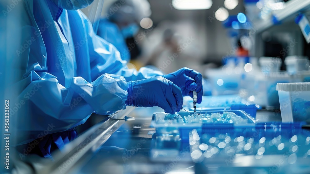 Scientists in protective gear work in a laboratory conducting research and experiments, focusing on blue trays with lab equipment. Scientists in protective gear work in a laboratory conducting research and experiments, focusing on blue trays with lab equipment.