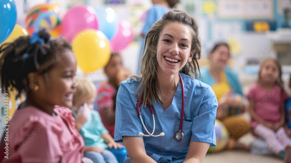 Smiling nurse engaging with children in a colorful classroom setting, promoting health and happiness. Smiling nurse engaging with children in a colorful classroom setting, promoting health and happiness.