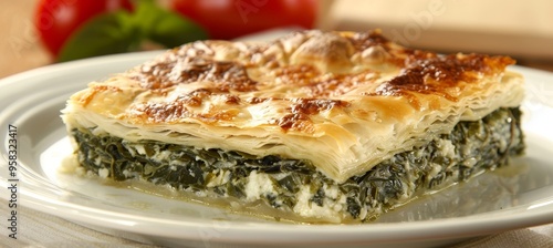 Artistic food photography of spanakopita  a delicious spinach and feta greek pastry delight photo