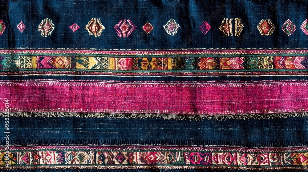 Vibrant textile featuring intricate patterns and bold colors. Lanna textiles from Northern Thailand - Thailand Vibrant textile featuring intricate patterns and bold colors. Lanna textiles from Northern Thailand - Thailand