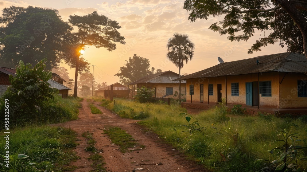Sunrise over a rural village with dirt roads, traditional houses, and lush greenery creating a serene and peaceful atmosphere. Sunrise over a rural village with dirt roads, traditional houses, and lush greenery creating a serene and peaceful atmosphere.