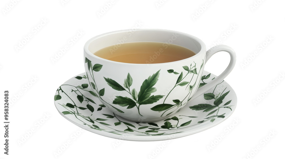 Tea Cup and Saucer with Green Leaf Design Tea Cup and Saucer with Green Leaf Design