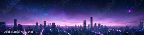 “Purple Neon-Lit Cityscape at Night with Skyscrapers and Futuristic Architecture, Depicting a Modern Urban Environment and the Vibrant Energy of a Tech-Driven Metropolis” 