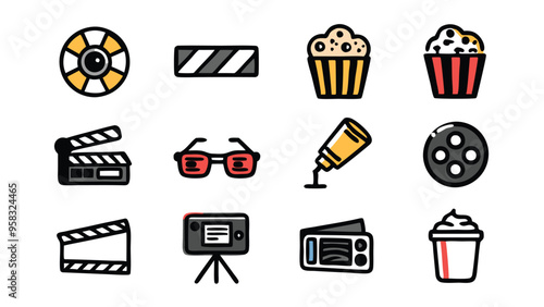 Hand-drawn doodle icon illustration of movie theater elements, including popcorn, clapperboard, 3D glasses, camera, and film reel.