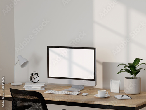 Wallpaper Mural Modern Minimalist Home Office Interior 3D Render with Computer with blank screen, Desk, and Decor Elements Torontodigital.ca