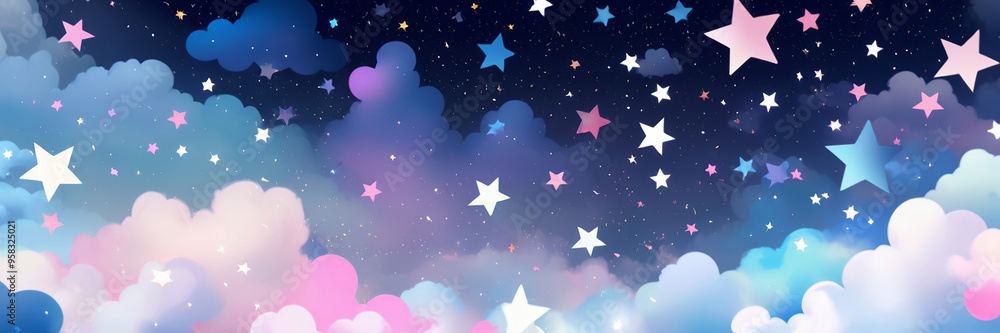 Fototapeta premium 3D Stars glittering across the night sky with soft, dreamy clouds creating a serene, nighttime atmosphere. Made with Generative AI Technology
