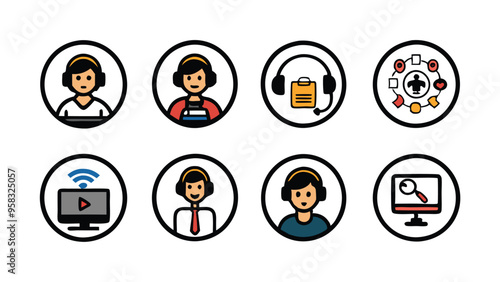 Set of online support assistance icons in vector format.