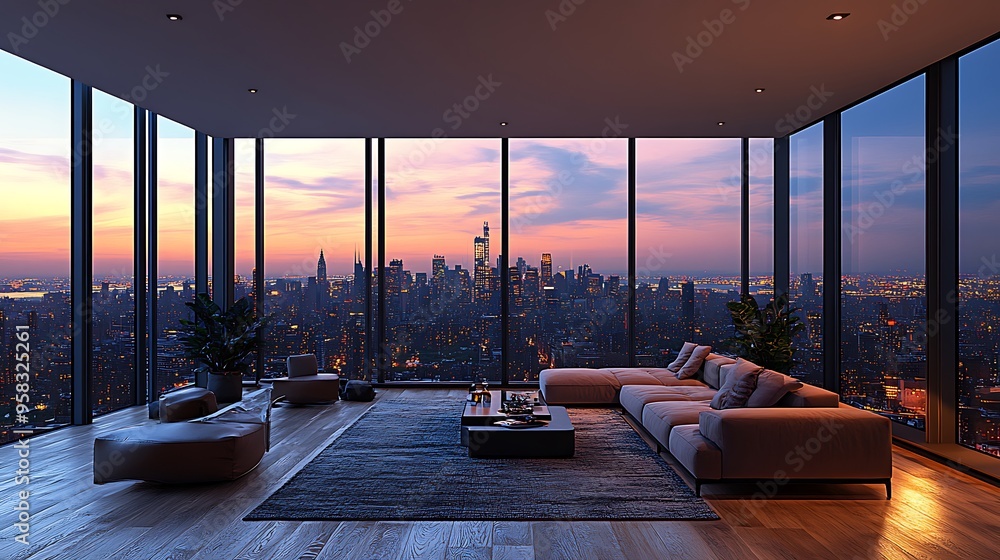 Fototapeta premium A luxurious loft living room with floor-to-ceiling windows offering a breathtaking view of the city skyline at dusk,
