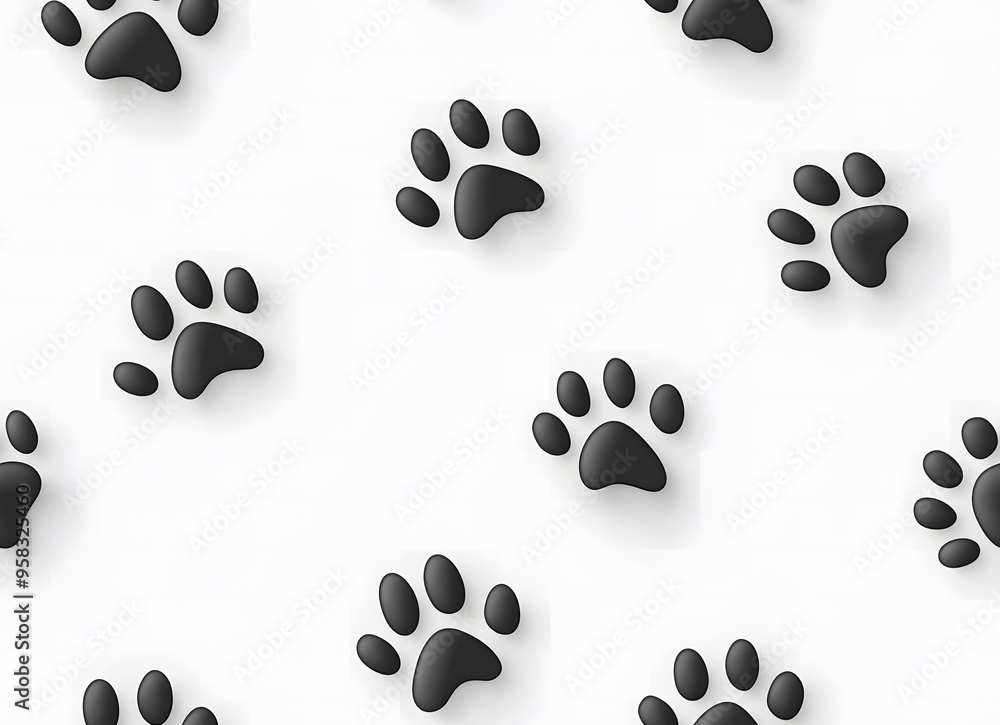 Fototapeta premium Seamless pattern of black dog paw prints on a white background