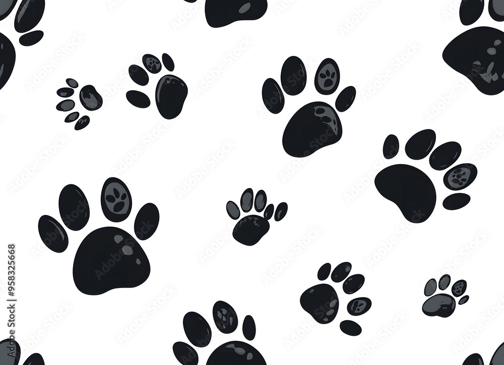 Fototapeta premium Seamless pattern of black dog paw prints on a white background