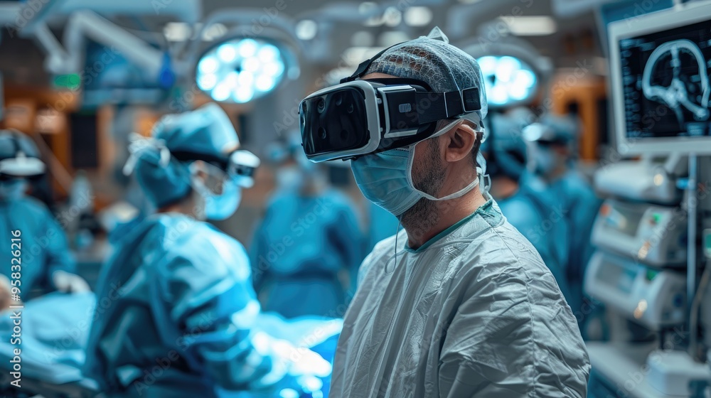 Surgeons using virtual reality technology in a modern operating room to enhance precision and efficiency in medical procedures. Surgeons using virtual reality technology in a modern operating room to enhance precision and efficiency in medical procedures.