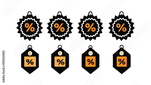 Set of discount tags, price tags with percentage sign and dollar sign.