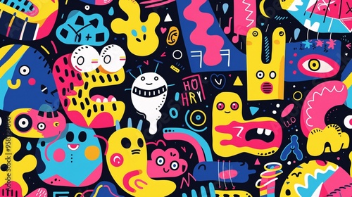 Abstract Doodle Pattern with Bright Colors and Geometric Shapes