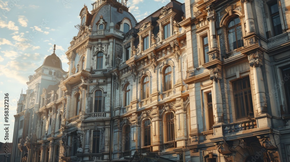 Fototapeta premium A restored historical building with detailed architectural elements in a city center, creating a historic and grand atmosphere.