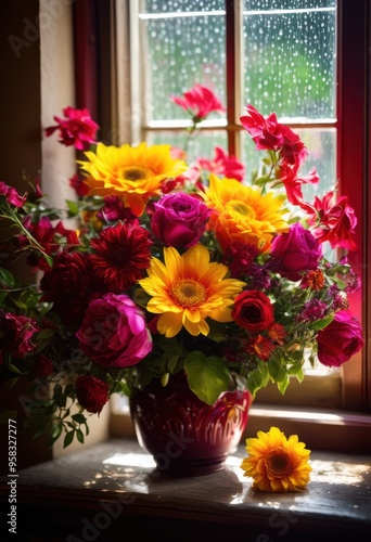 Wallpaper Mural vibrant floral arrangement showcasing lush colors textures illuminated radiant natural light, bouquet, blossoms, petals, greenery, design, beauty, decoration Torontodigital.ca