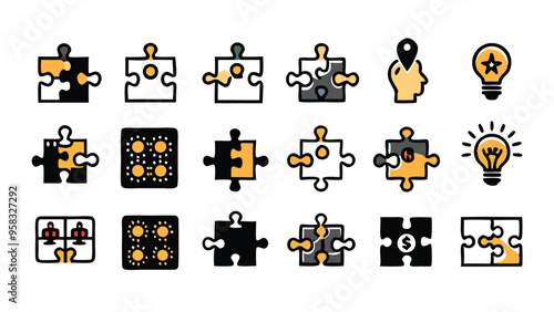 A set of jigsaw puzzle icons representing teamwork, challenge, solution, and success.