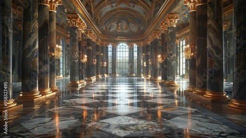 A grand palace interior with marble floors and tall columns, creating a majestic and regal atmosphere.