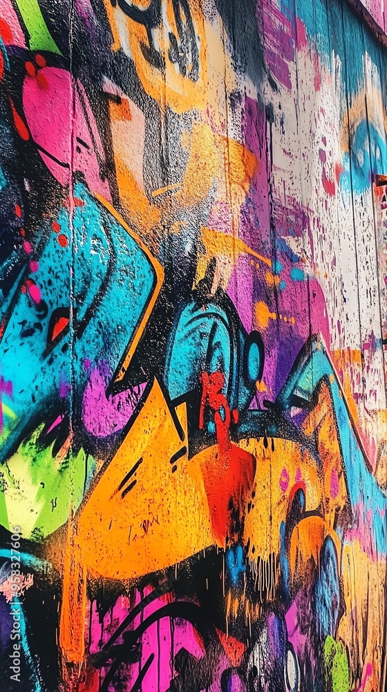 Fototapeta premium A vibrant side view of a wall covered in dynamic graffiti