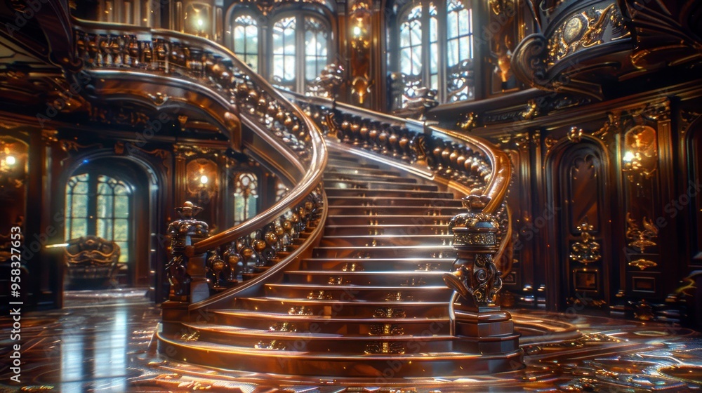 A grand spiral staircase with ornate details and rich wooden textures in an opulent interior, creating a majestic and historic atmosphere. A grand spiral staircase with ornate details and rich wooden textures in an opulent interior, creating a majestic and historic atmosphere.