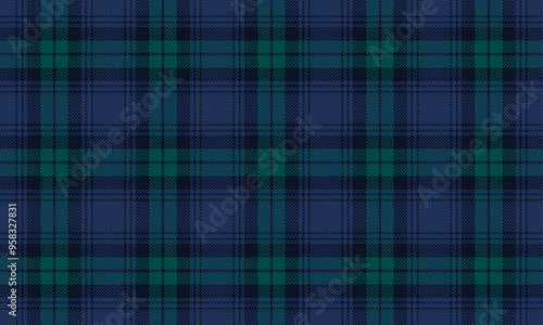 Plaid fabric pattern, blue, green, black, seamless for textile and design clothes skirt pants apron tablecloth blanket or decoration. Vector illustration.